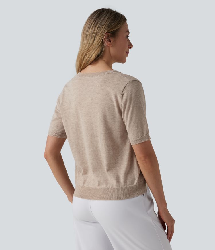 cardigan de travail en laine mélangée à col rond et manches courtes
