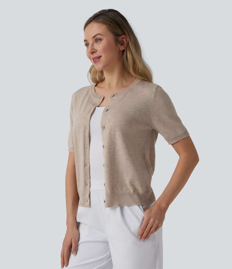cardigan de travail en laine mélangée à col rond et manches courtes