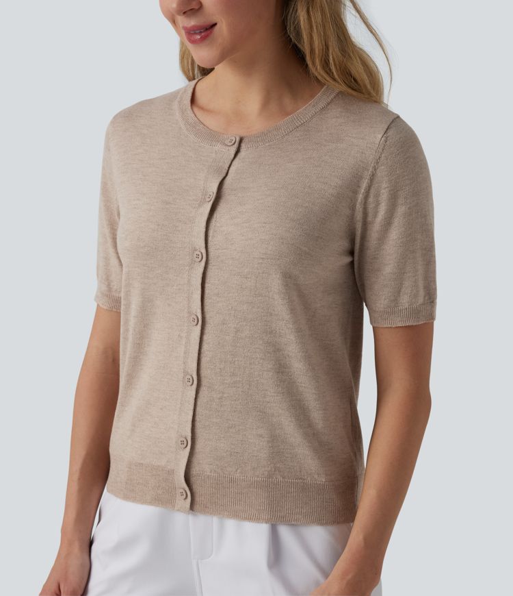 cardigan de travail en laine mélangée à col rond et manches courtes