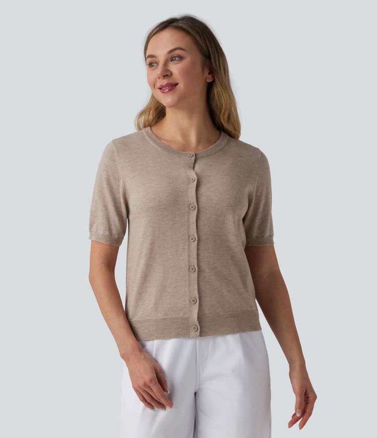 cardigan de travail en laine mélangée à col rond et manches courtes