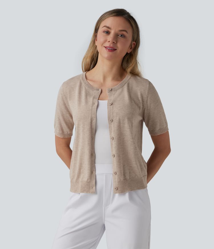 cardigan de travail en laine mélangée à col rond et manches courtes