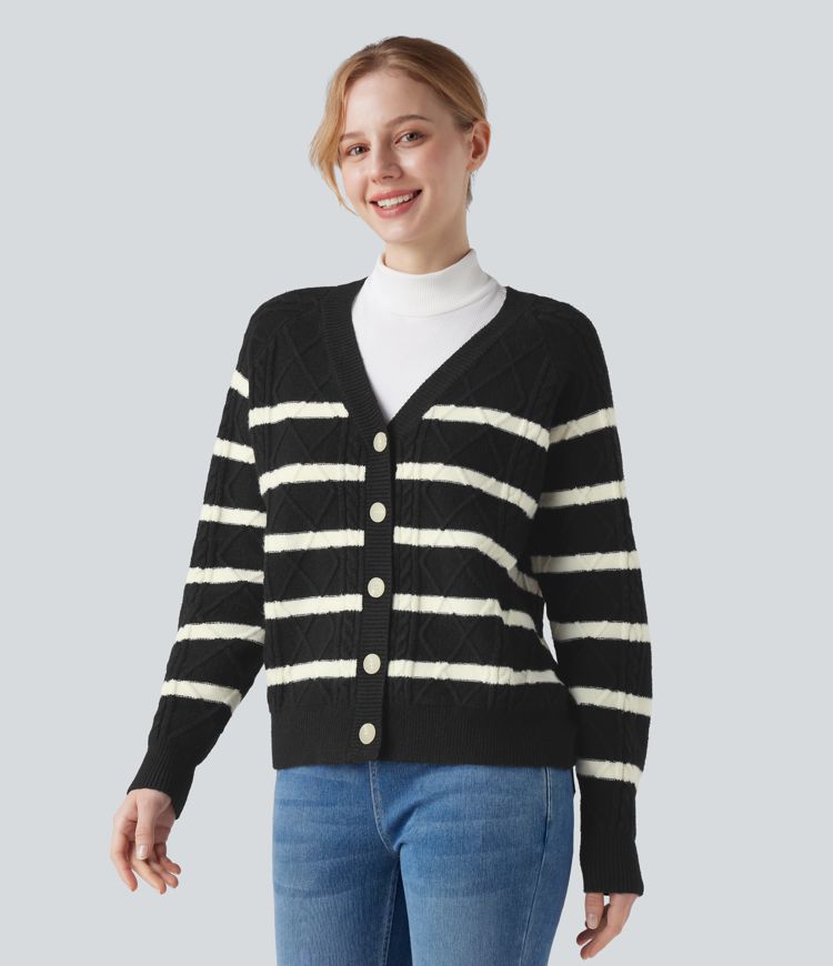 cardigan décontracté rayé à manches longues et col en v