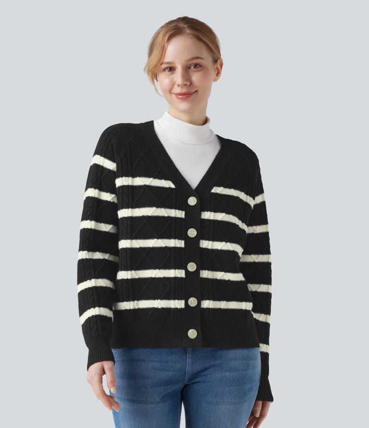 cardigan décontracté rayé à manches longues et col en v