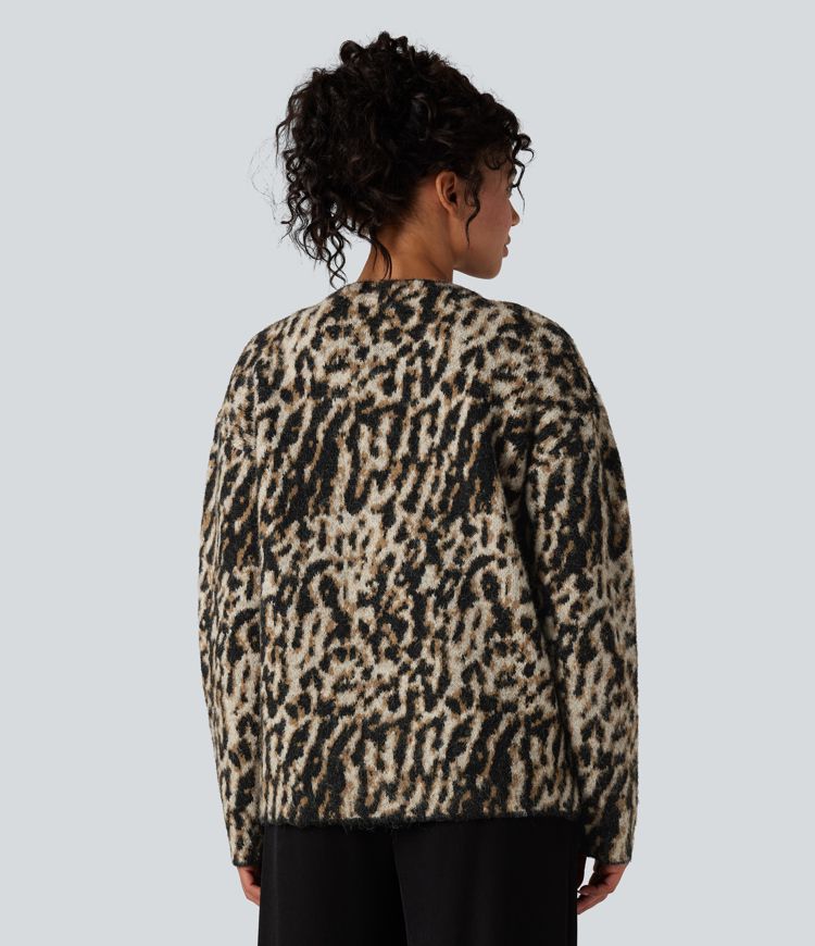 cardigan décontracté à col en v en laine mélangée léopard