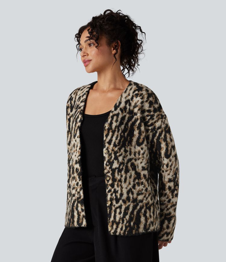 cardigan décontracté à col en v en laine mélangée léopard