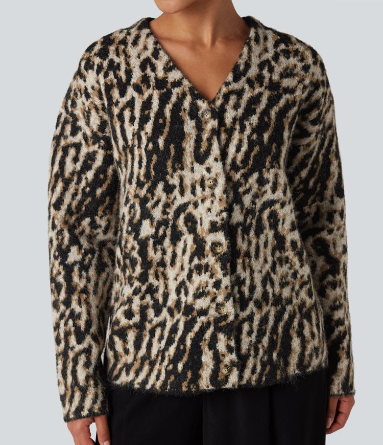 cardigan décontracté à col en v en laine mélangée léopard