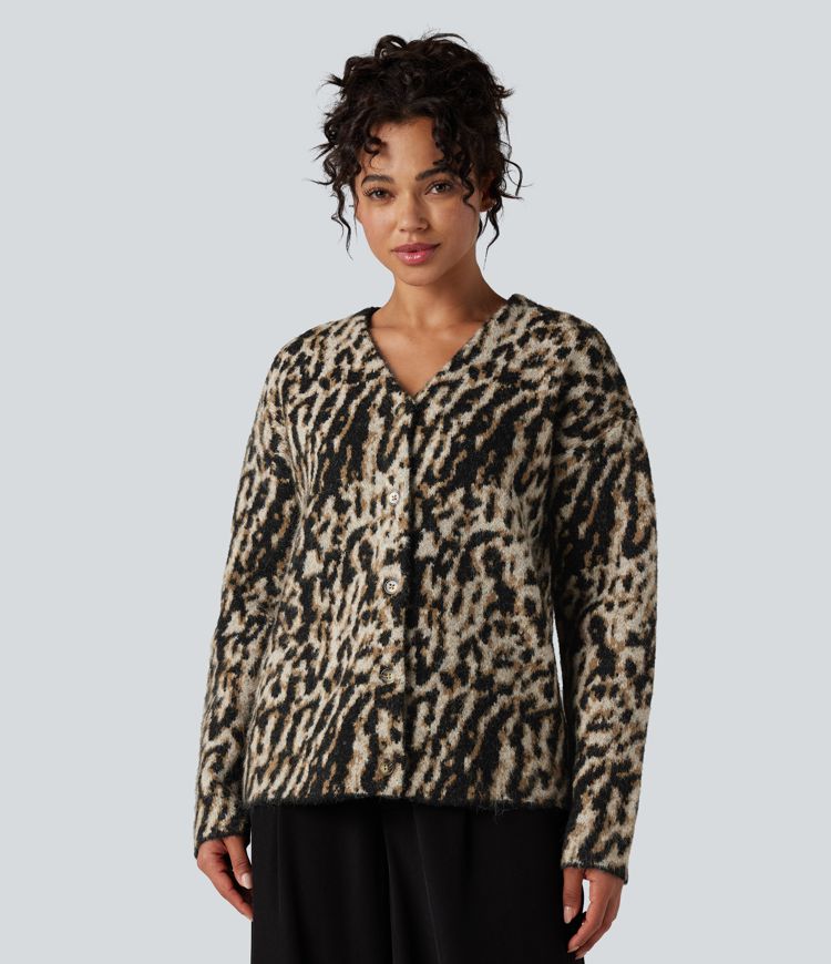 cardigan décontracté à col en v en laine mélangée léopard
