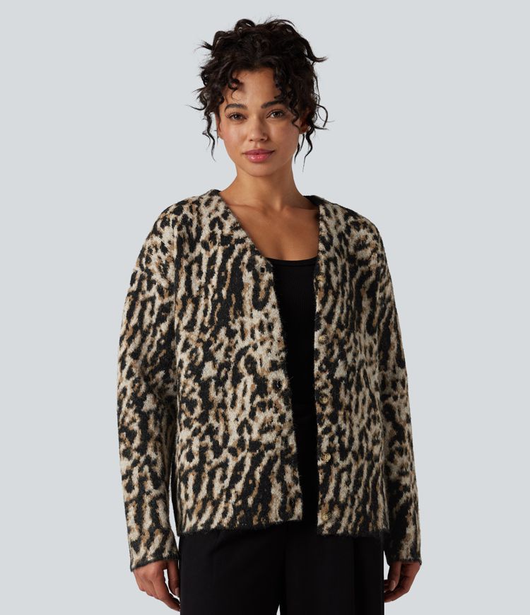 cardigan décontracté à col en v en laine mélangée léopard