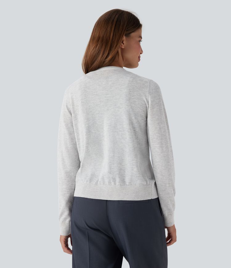 cardigan de travail en laine mélangée à col rond et manches longues