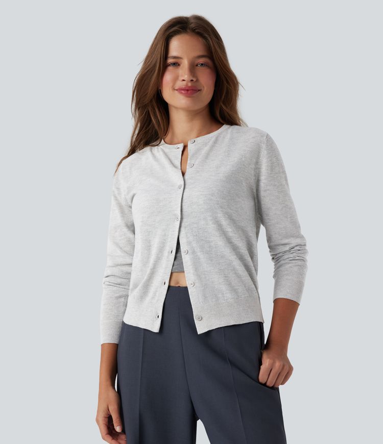 cardigan de travail en laine mélangée à col rond et manches longues