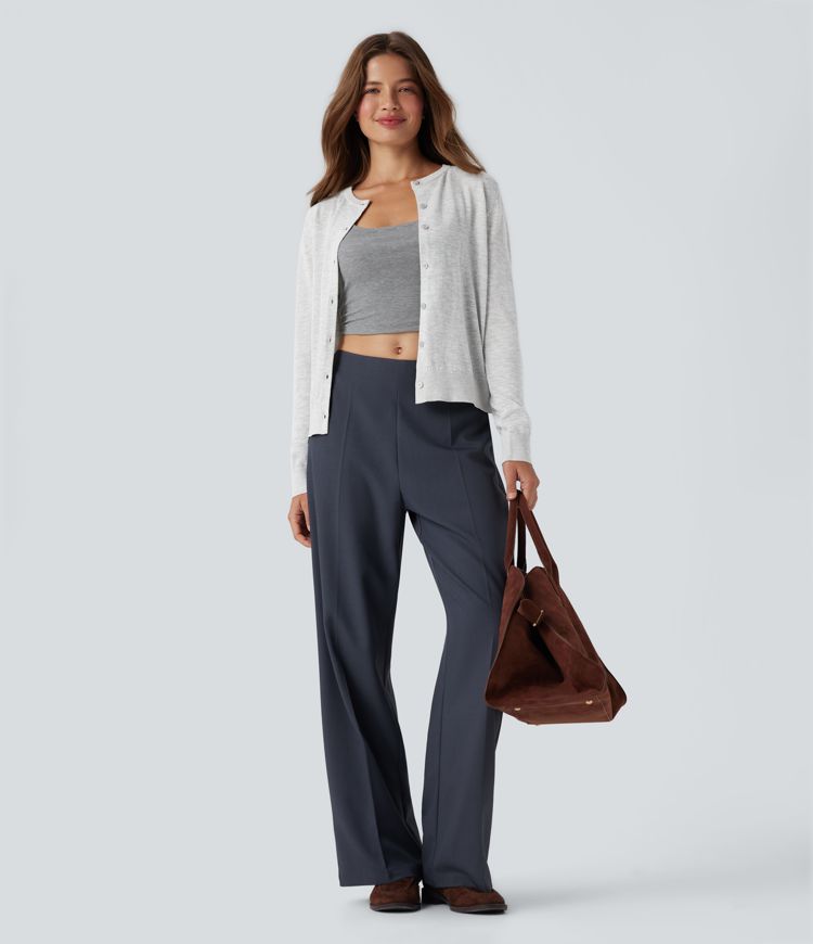 cardigan de travail en laine mélangée à col rond et manches longues