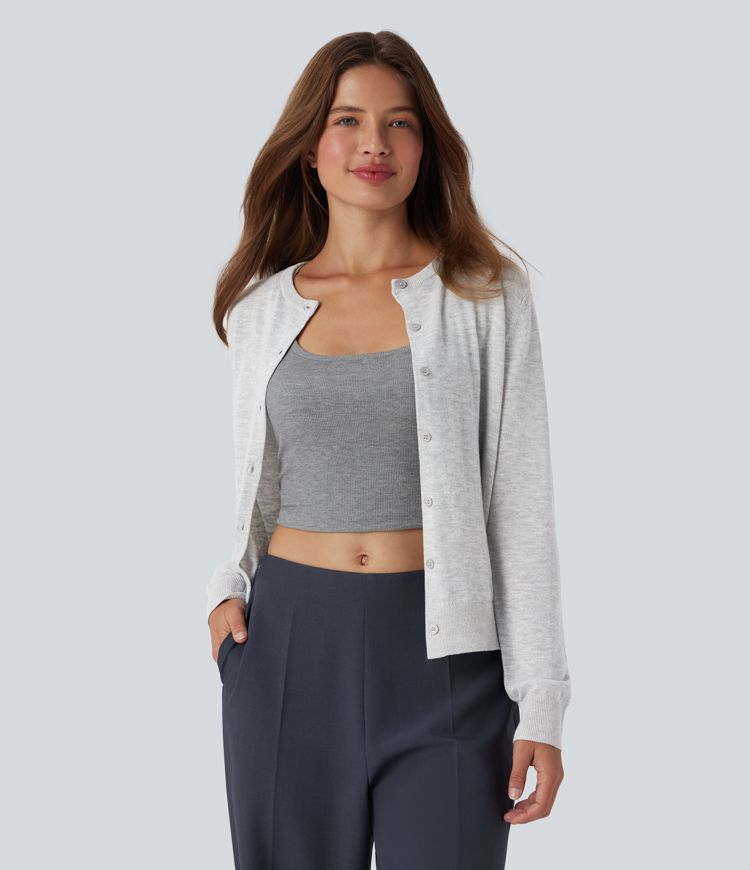 cardigan de travail en laine mélangée à col rond et manches longues
