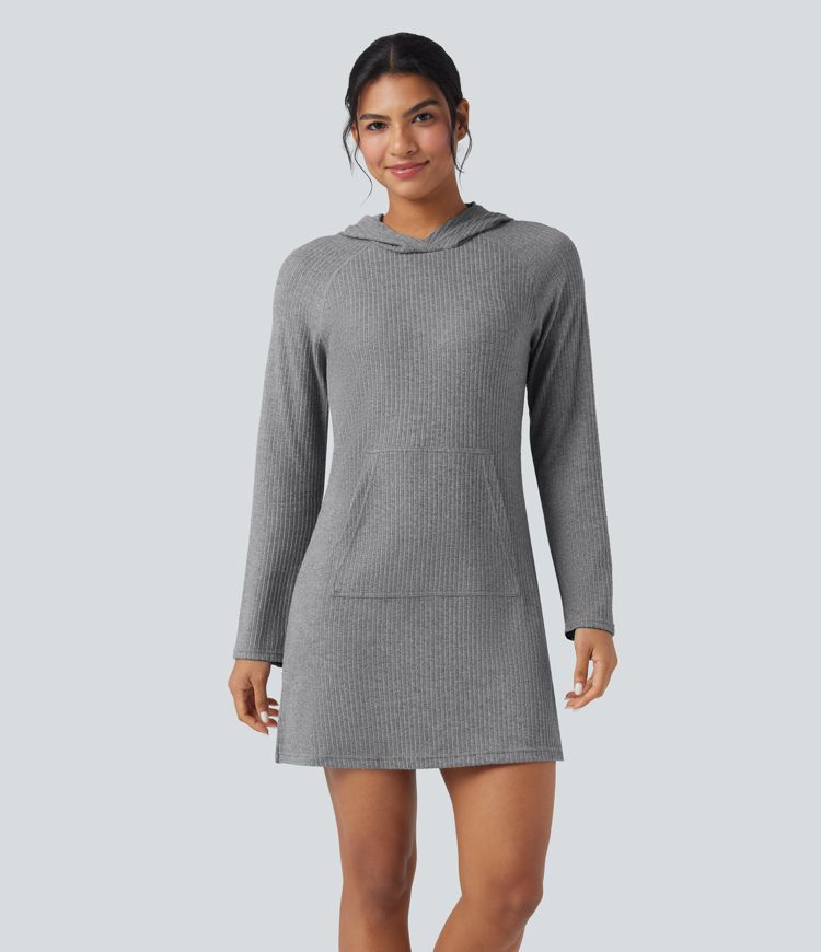 robe de randonnée courte à capuche manches longues et poches en maille côtelée avec poche