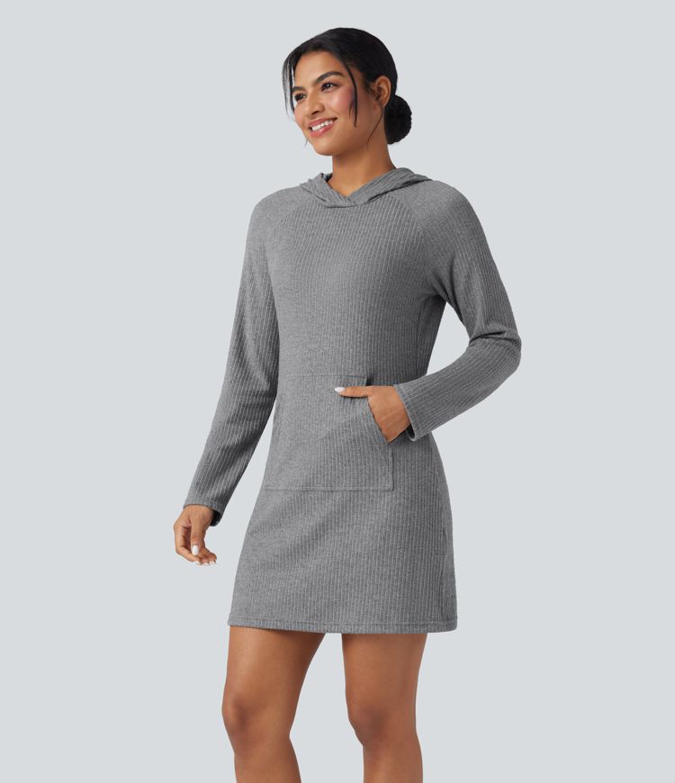 robe de randonnée courte à capuche manches longues et poches en maille côtelée avec poche
