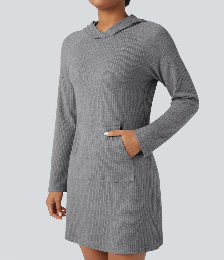 robe de randonnée courte à capuche manches longues et poches en maille côtelée avec poche