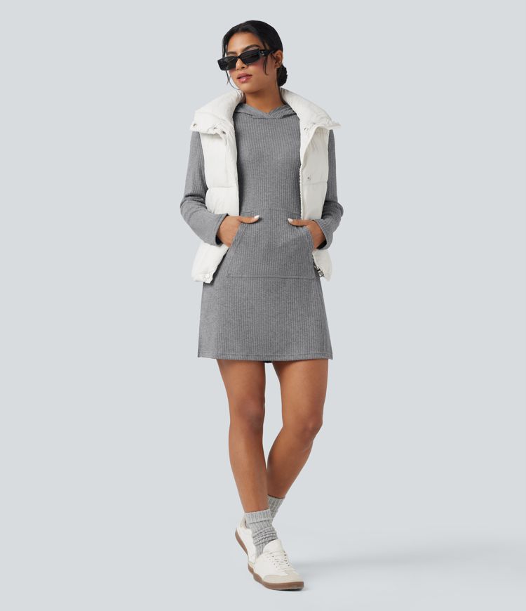 robe de randonnée courte à capuche manches longues et poches en maille côtelée avec poche