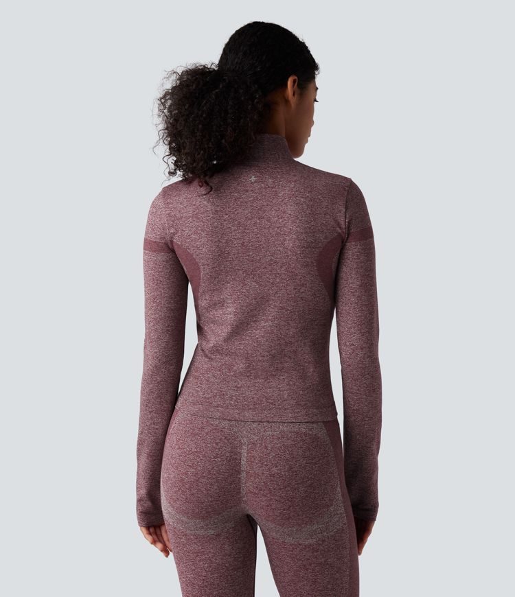 veste de yoga chaude oneform seamless flow à col montant fermeture éclair et manches longues avec passe-pouces