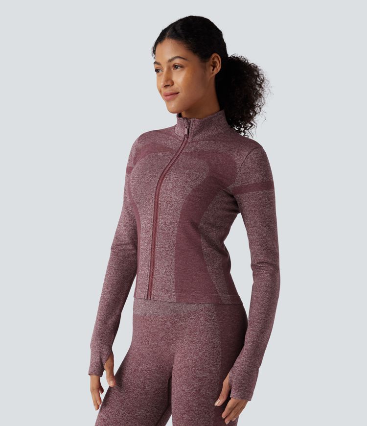 veste de yoga chaude oneform seamless flow à col montant fermeture éclair et manches longues avec passe-pouces