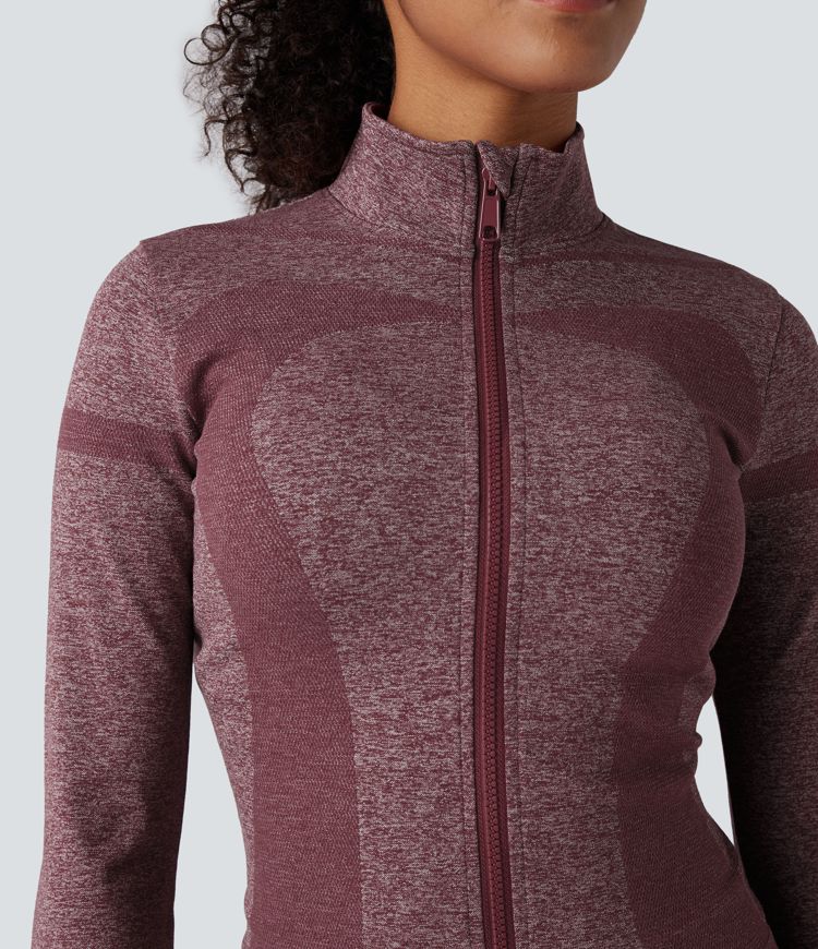 veste de yoga chaude oneform seamless flow à col montant fermeture éclair et manches longues avec passe-pouces
