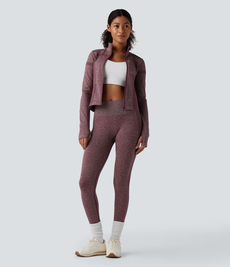 veste de yoga chaude oneform seamless flow à col montant fermeture éclair et manches longues avec passe-pouces