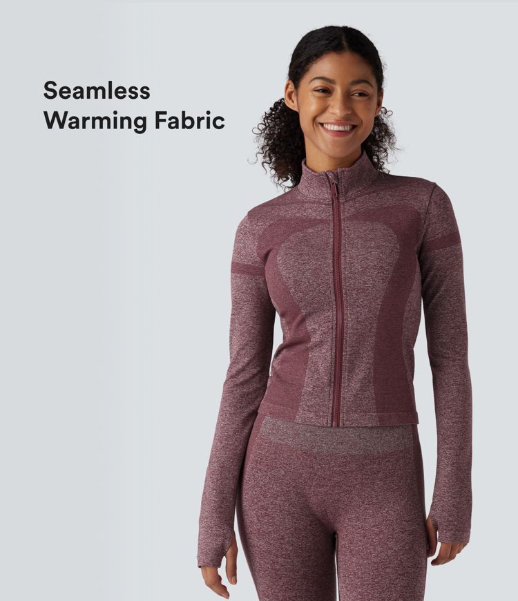 veste de yoga chaude oneform seamless flow à col montant fermeture éclair et manches longues avec passe-pouces