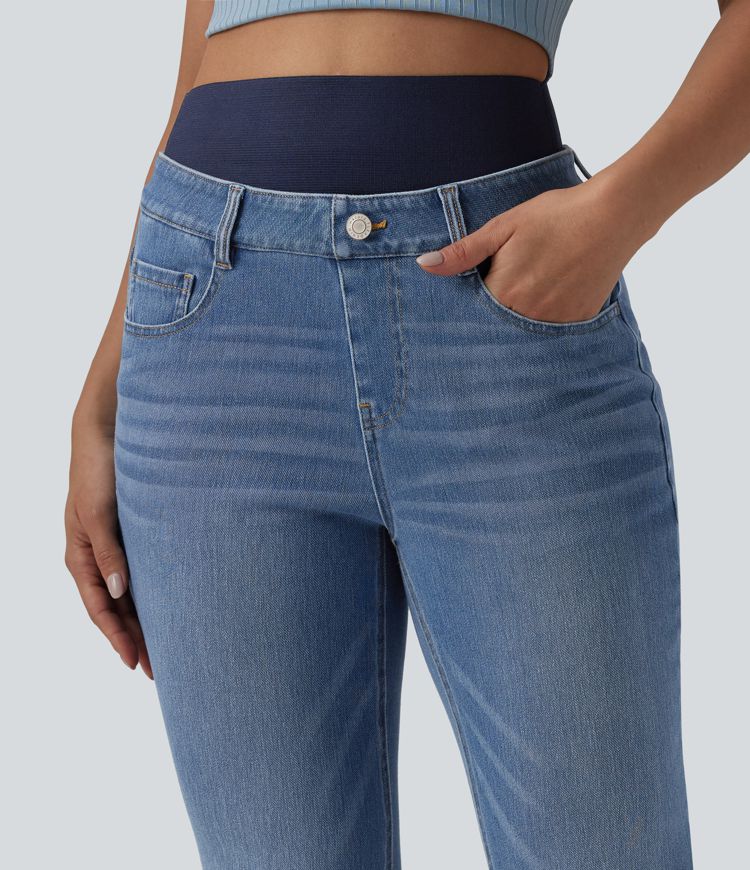 jean évasé décontracté à taille haute et double ceinture halara flex avec poches