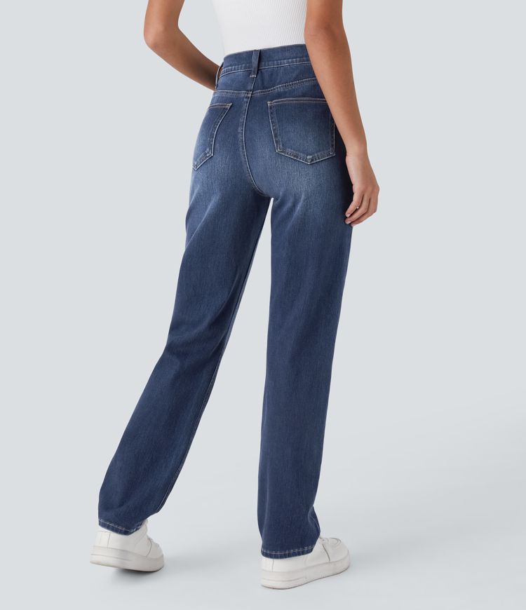 jean décontracté halara flex taille haute poches coupe droite délavé