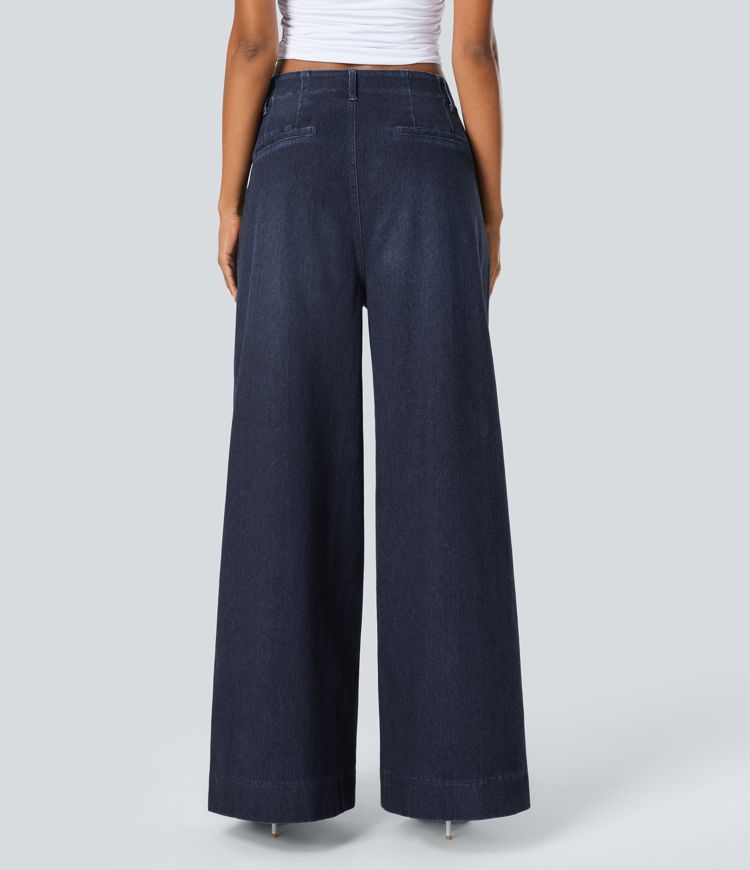 jean halara flex taille haute à poches délavé décontracté jambes larges