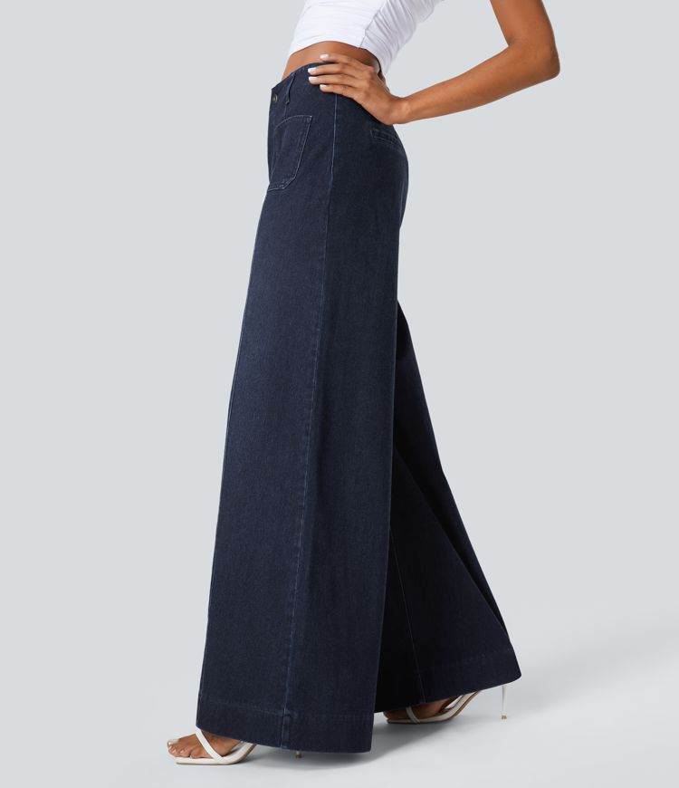 jean halara flex taille haute à poches délavé décontracté jambes larges
