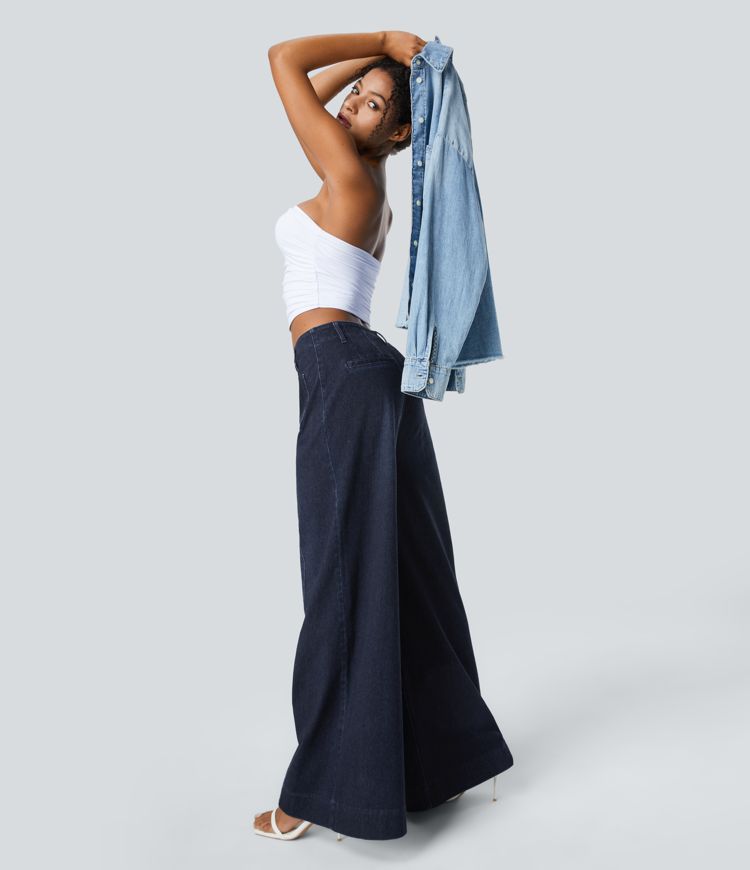 jean halara flex taille haute à poches délavé décontracté jambes larges