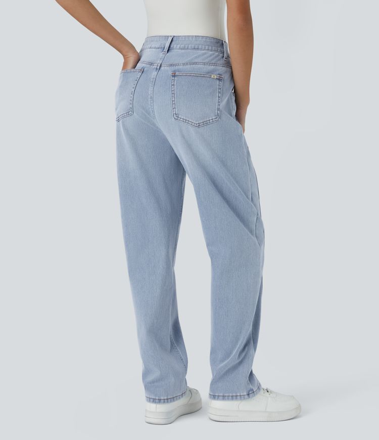 jean décontracté délavé halara flex taille haute avec poches zippées