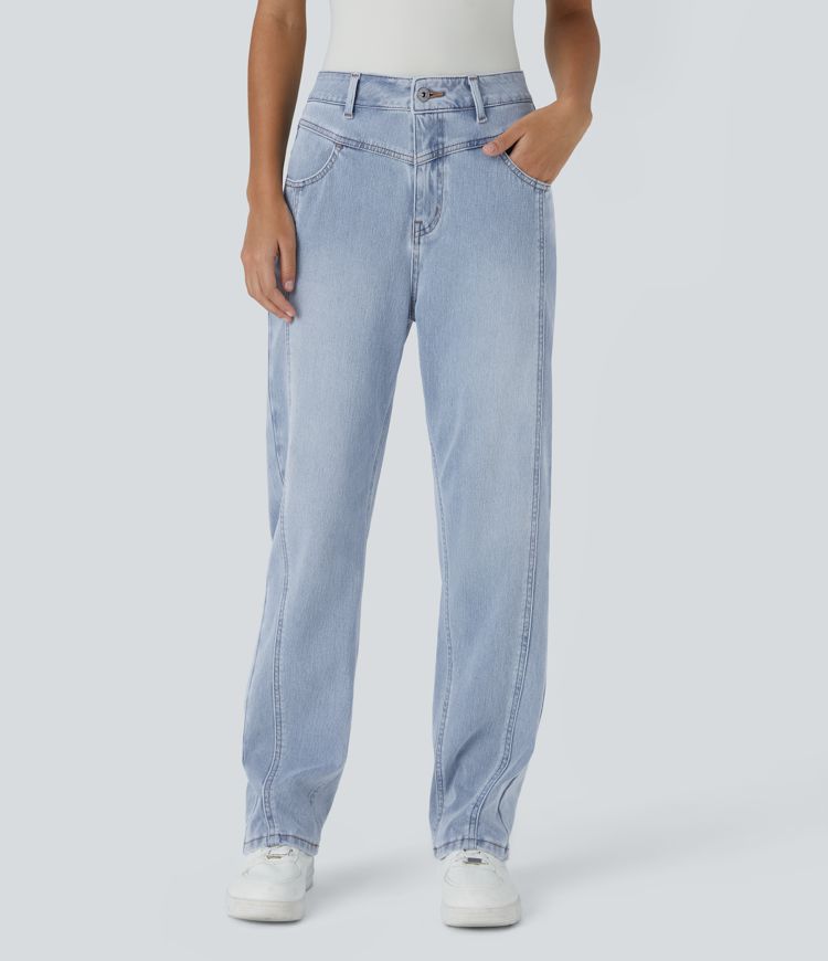 jean décontracté délavé halara flex taille haute avec poches zippées