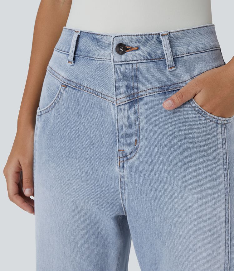 jean décontracté délavé halara flex taille haute avec poches zippées