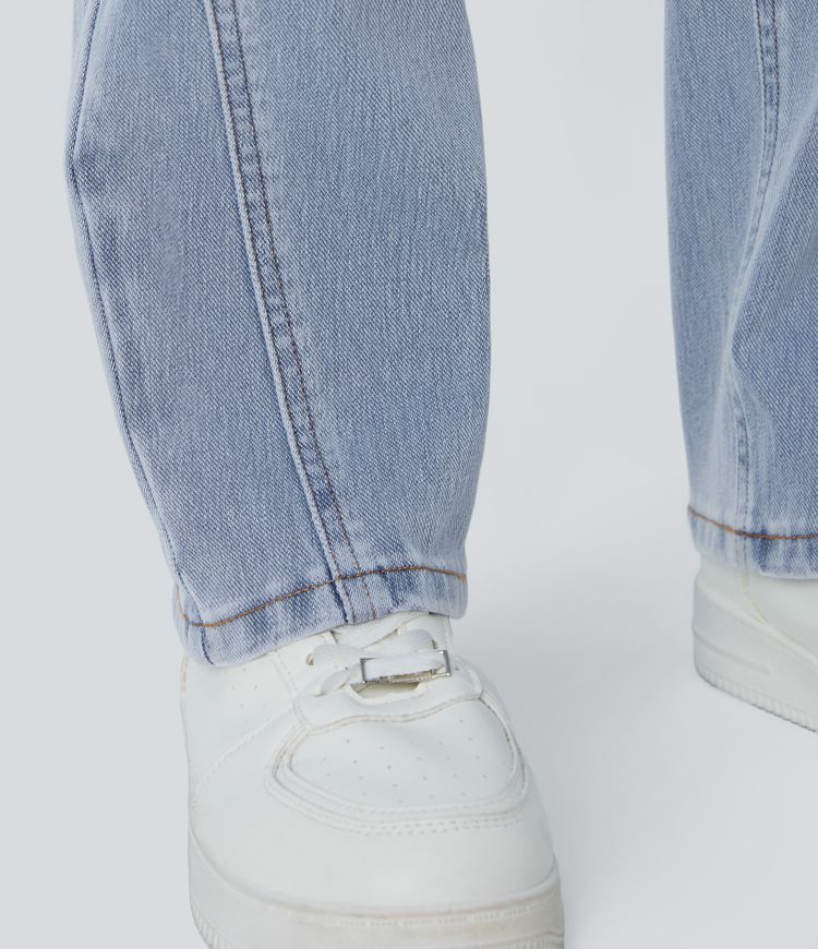 jean décontracté délavé halara flex taille haute avec poches zippées