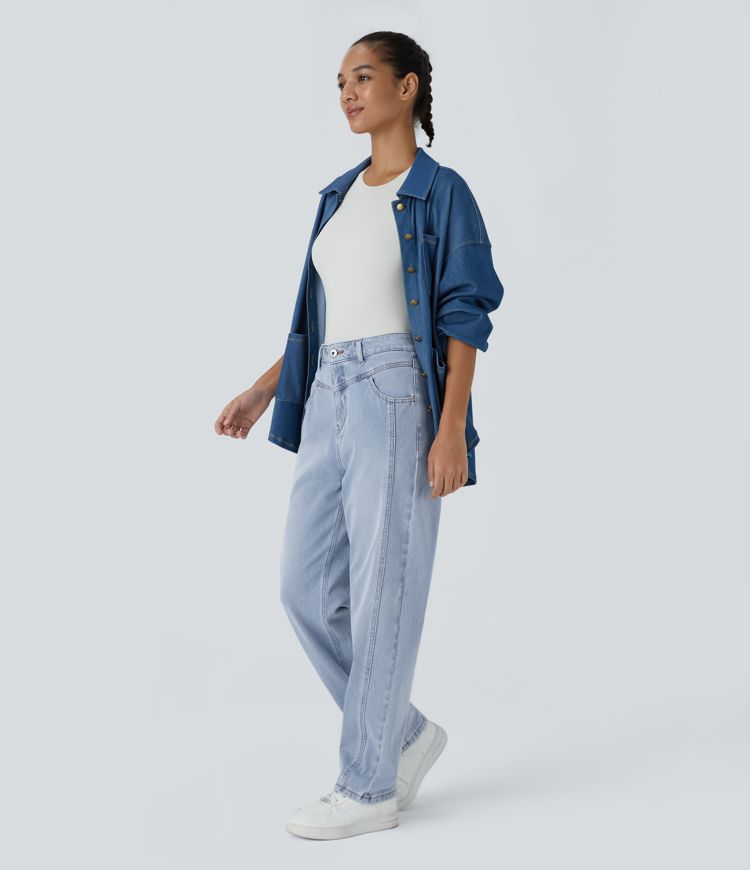 jean décontracté délavé halara flex taille haute avec poches zippées