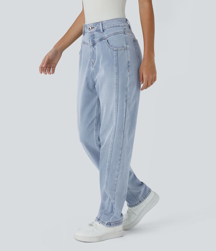 jean décontracté délavé halara flex taille haute avec poches zippées
