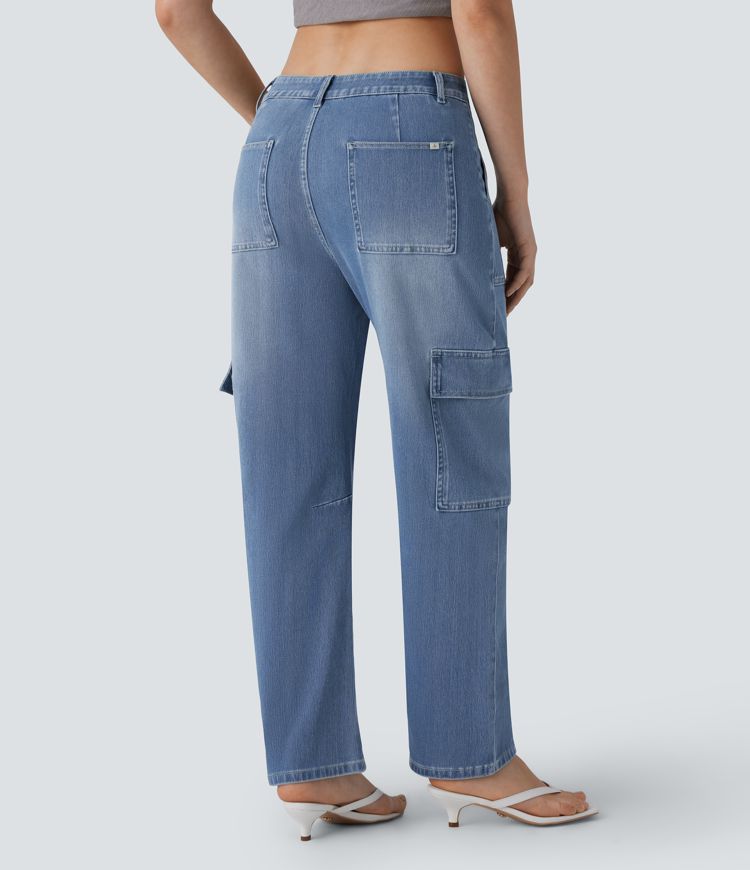 jean cargo halara flex taille mi-haute poches délavé coupe décontractée