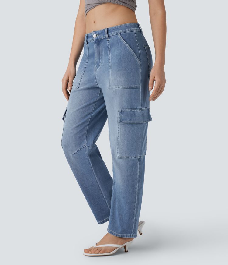 jean cargo halara flex taille mi-haute poches délavé coupe décontractée