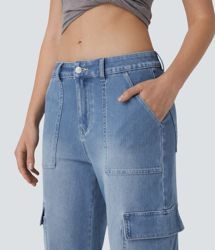 jean cargo halara flex taille mi-haute poches délavé coupe décontractée