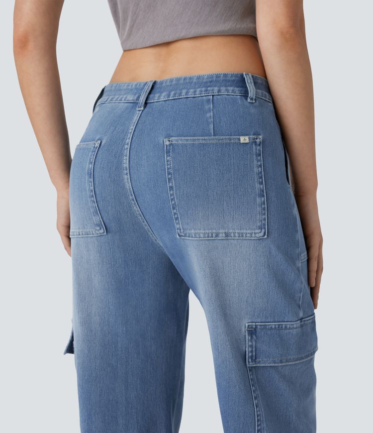 jean cargo halara flex taille mi-haute poches délavé coupe décontractée