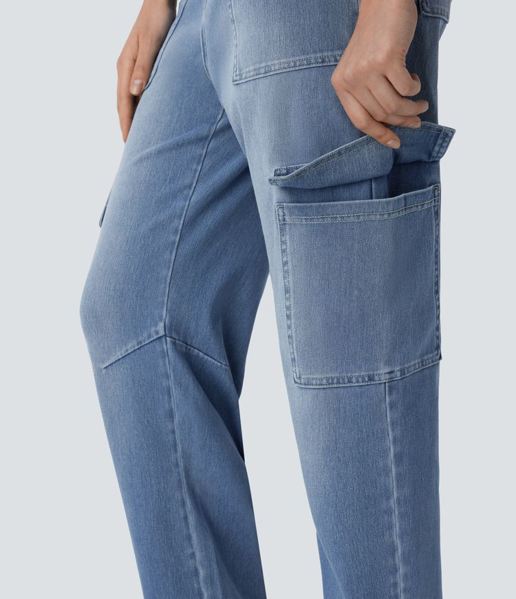 jean cargo halara flex taille mi-haute poches délavé coupe décontractée