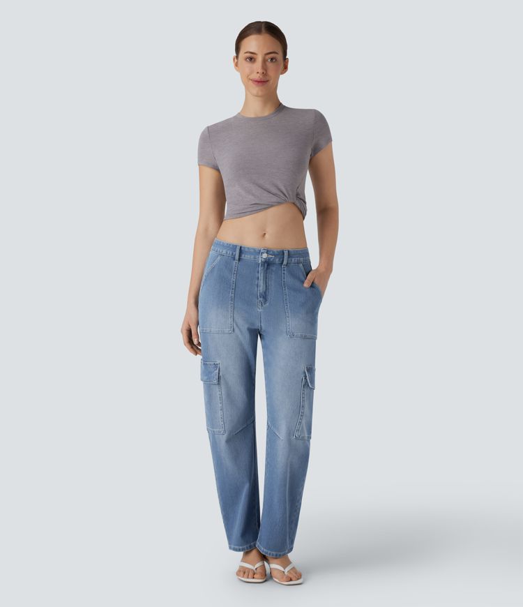 jean cargo halara flex taille mi-haute poches délavé coupe décontractée