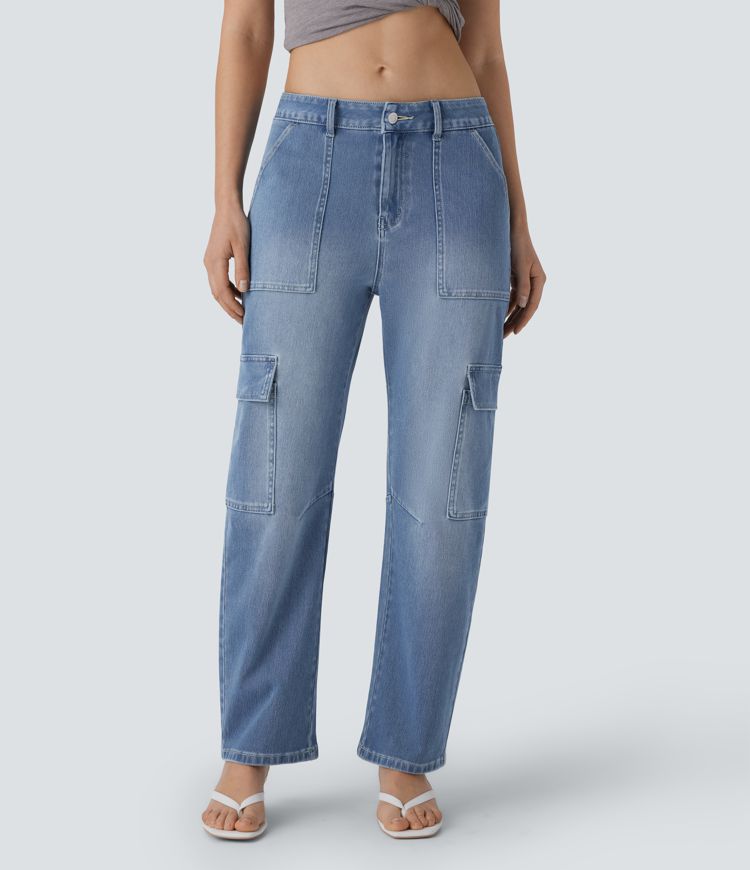 jean cargo halara flex taille mi-haute poches délavé coupe décontractée
