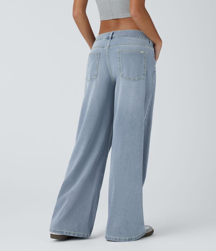 jean décontracté halara flex asymétrique taille basse avec poches zippées et jambes larges délavées