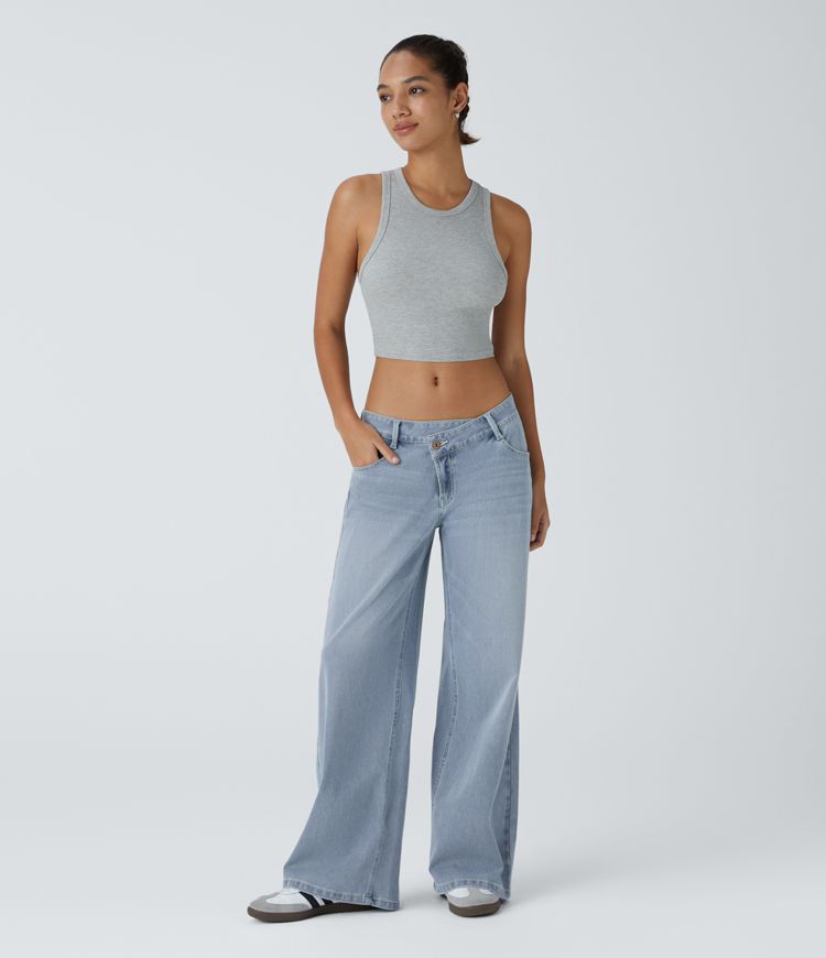 jean décontracté halara flex asymétrique taille basse avec poches zippées et jambes larges délavées