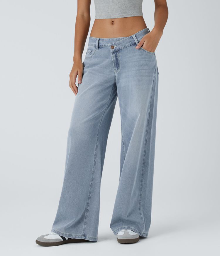 jean décontracté halara flex asymétrique taille basse avec poches zippées et jambes larges délavées