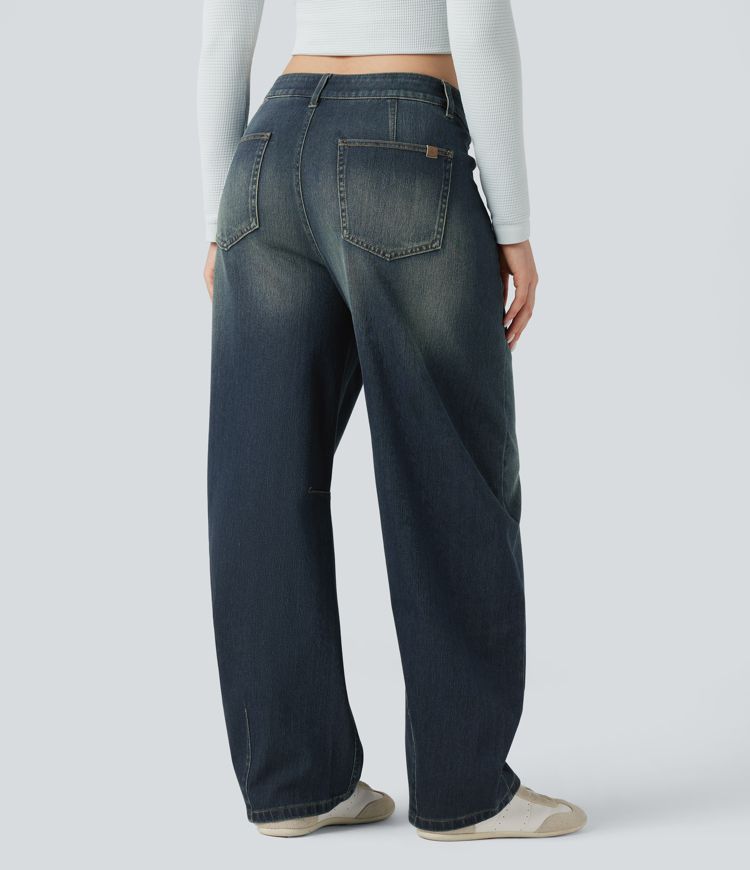 jean décontracté halara flex asymétrique à taille mi-haute et coupe baril délavé avec poches