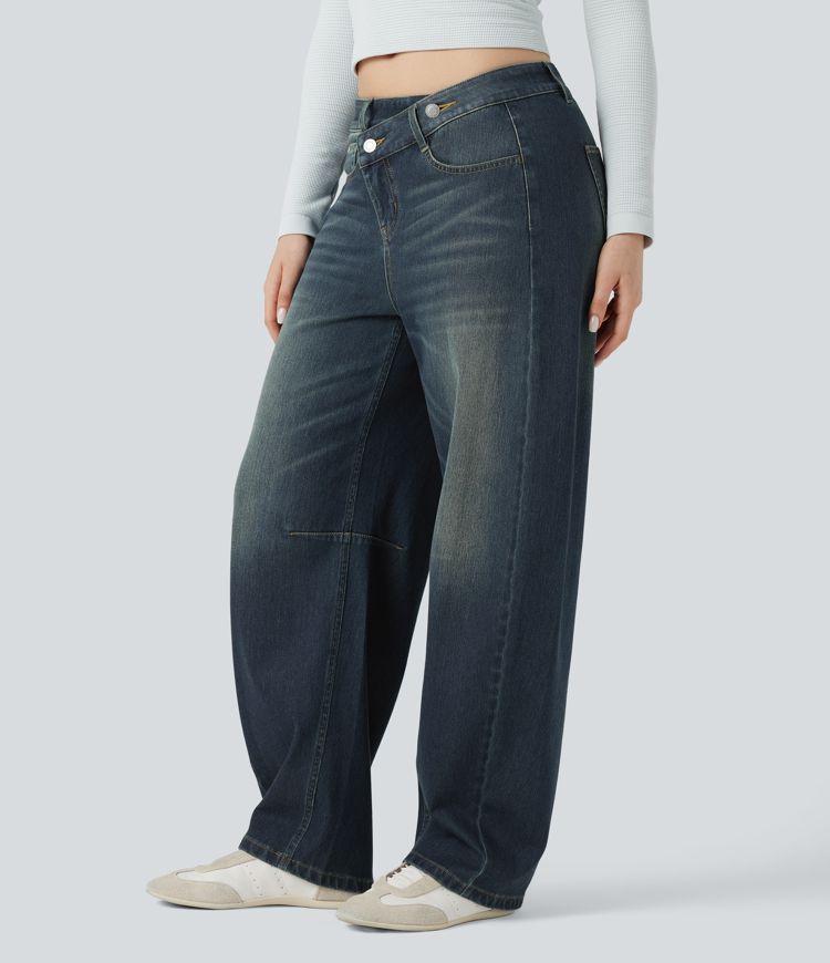 jean décontracté halara flex asymétrique à taille mi-haute et coupe baril délavé avec poches
