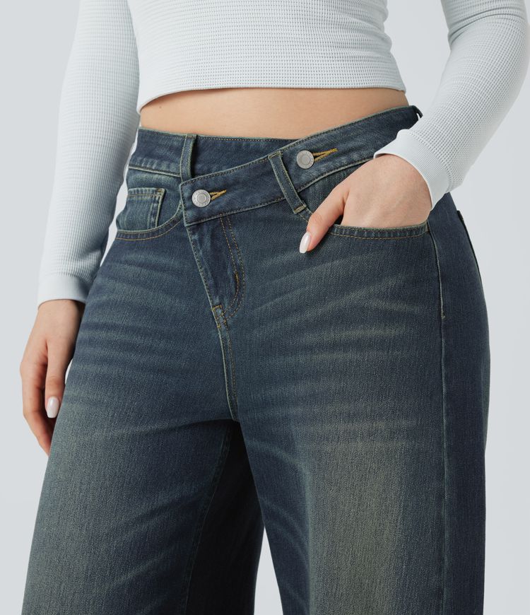 jean décontracté halara flex asymétrique à taille mi-haute et coupe baril délavé avec poches