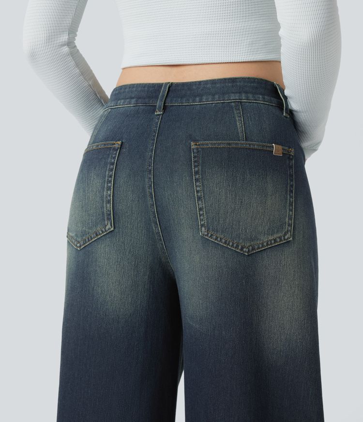 jean décontracté halara flex asymétrique à taille mi-haute et coupe baril délavé avec poches
